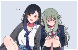  2girls 3s3677804311973 :d black_hair black_socks blazer blue_hair blue_jacket blue_skirt blush breasts buttons cardigan closed_mouth collared_shirt commentary_request diagonal-striped_clothes diagonal-striped_necktie dot_mouth dot_nose earphones earphones eighth_note gradient_hair green_hair grey_background grey_cardigan grey_sweater hair_between_eyes hair_flaps hair_ornament hairclip hands_on_own_knees highres jacket kamiyama_high_school_uniform_(project_sekai) knee_up kneehighs knees_up kusanagi_nene lapels large_breasts long_hair long_sidelocks long_sleeves looking_at_viewer looking_down low-tied_sidelocks multicolored_hair multiple_girls musical_note necktie notched_lapels open_cardigan open_clothes open_jacket open_mouth orange_eyes plaid_clothes plaid_skirt pleated_skirt project_sekai school_uniform shared_earphones shiraishi_an shirt shirt_tucked_in sidelocks simple_background sitting skirt smile socks star_(symbol) star_hair_ornament straight_hair striped_clothes striped_necktie sweatdrop sweater swept_bangs two-tone_hair v-neck violet_eyes white_shirt 