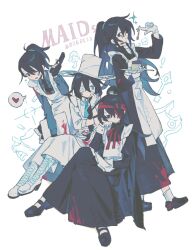  4boys absurdres apron black_dress black_eyes black_hair black_shoes blue_dress boots chinese_commentary closed_mouth commentary_request dieci_association_south_uniform dress full-stop_office_(identity)_(project_moon) gun half_updo hat highres holding holding_gun holding_weapon hong_lu_(project_moon) hongyuan_(identity)_(project_moon) limbus_company long_hair maid mixed_maids multiple_boys multiple_persona necktie one_eye_closed project_moon ring_(identity)_(project_moon) satelinknot shoes top_hat very_long_hair weapon white_apron white_boots white_hat 