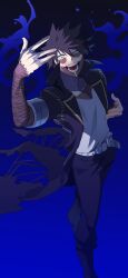  1boy absurdres ankle_boots arm_up belt belt_buckle black_background black_boots black_hair black_jacket black_pants blue_background blue_eyes blue_fire blue_pupils boku_no_hero_academia boots bright_pupils buckle burn_scar cheek_piercing chin_piercing coattails commentary_request dabi_(boku_no_hero_academia) face_piercing fire floating_clothes floating_jacket foot_out_of_frame gradient_background hair_between_eyes hand_up highres jacket lapels looking_at_viewer looking_to_the_side looking_up male_focus mori_dosukoi multiple_piercings multiple_scars open_mouth pants pants_tucked_in partial_commentary patchwork_skin piercing scar scar_on_arm scar_on_face scar_on_hand scar_on_mouth shirt shirt_tucked_in short_hair short_sleeves sidelighting simple_background sleeve_cuffs smile solo spiky_hair staple stapled stitches tailcoat torn_clothes torn_jacket uneven_eyes v-neck walking white_belt white_shirt 