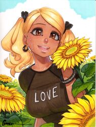  1girl black_ribbon blonde_hair blush bracelet breasts brown_eyes brown_shirt commentary commentary_request dark-skinned_female dark_skin earrings english_commentary field flower flower_field gyaru highres jewelry kogal komi-san_wa_komyushou_desu large_breasts looking_at_viewer manbagi_rumiko marker_(medium) omar_dogan open_mouth outdoors print_shirt ribbon scan shirt signature smile sunflower sunflower_field sweat swept_bangs tan teeth traditional_media twintails upper_teeth_only 