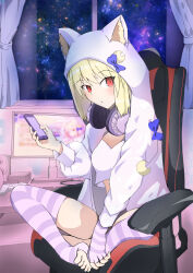  1girl absurdres animal_ear_fluff animal_ears arcueid_brunestud blonde_hair blue_bow blush bow cat_ears cellphone chair commentary_request computer computer_keyboard crescent crescent_pin crop_top fate/grand_order fate_(series) fingerless_gloves gaming_chair gloves haya_(hayahayaillust) headphones headphones_around_neck highres holding holding_phone hood hoodie indian_style indoors leg_warmers looking_at_viewer monitor night open_clothes open_hoodie phantas-moon phantas-moon_(second_ascension) phone pink_hoodie purple_thighhighs red_eyes short_hair sidelocks sitting sky smartphone solo star_(sky) starry_sky striped_clothes striped_thighhighs swivel_chair table thigh-highs window 