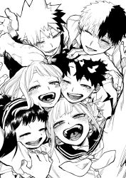  3boys 3girls asui_tsuyu bakugou_katsuki blush boku_no_hero_academia commentary_request fangs freckles greyscale highres long_hair midoriya_izuku monochrome multicolored_hair multiple_boys multiple_girls open_mouth scar scar_on_face short_hair simple_background spiky_hair teeth todoroki_shoto toga_himiko tongue two-tone_hair uraraka_ochaco urinaru 