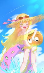  1girl beach blonde_hair clear_sky contrail fang hat highres innertube monogatari_(series) onon72234864 oshino_shinobu sky sun_hat swim_ring vampire yellow_eyes 