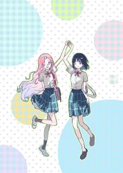 2girls alien_stage arm_up bag black_shoes black_socks bob_cut bow bowtie chinese_commentary collared_shirt commentary glasses green_eyes green_skirt heart heart_background highres leg_up long_hair mizi_(alien_stage) multicolored_hair multiple_girls official_alternate_costume one_eye_closed plaid_bow plaid_bowtie plaid_clothes plaid_skirt purple_hair red_bow red_bowtie sadahalu_ai_la_shi school_uniform shirt shoes short_hair shoulder_bag skirt smile socks sua_(alien_stage) two-tone_hair very_long_hair violet_eyes white_shirt white_shoes white_socks 