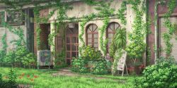  abandoned bush cafe day door flower game_asset grass highres industrial_pipe menu_board no_humans outdoors overgrown pink_flower plant potted_plant red_flower scenery sign spider_lily third-party_source touhou touhou_lostword vines window 