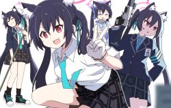  1girl animal_ear_fluff animal_ears apron aqua_necktie armband assault_rifle beretta_ar70/90 black_gloves black_hair black_jacket black_shoes black_socks blue_apron blue_archive blue_armband blurry blurry_foreground cat_ears cat_girl closed_eyes collared_shirt commentary_request double-parted_bangs extra_ears fang gloves grey_skirt gun hair_between_eyes halo headset highres holding holding_gun holding_weapon jacket kazuemon kneeling lanyard long_hair long_sleeves looking_at_viewer multiple_views necktie open_mouth parted_lips plaid_clothes plaid_skirt pleated_skirt red_eyes rifle serika_(blue_archive) shirt shoes sidelocks simple_background skin_fang skirt smile socks standing trigger_discipline twintails v v-shaped_eyebrows very_long_hair weapon white_background white_gloves white_shirt 