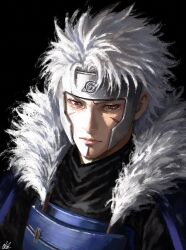  1boy armor blue_armor facial_mark forehead_protector happuri highres hokage japanese_armor konohagakure_symbol male_focus naruto_(series) senju_tobirama solo spiky_hair velvelsz white_hair 