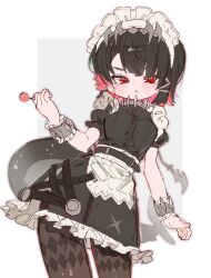  1girl absurdres apron black_hair black_thighhighs blush bracelet breasts candy commentary_request ellen_joe fins fish_tail food highres holding holding_candy holding_food holding_lollipop jewelry lollipop looking_at_viewer maid_apron maid_day maid_headdress medium_breasts open_mouth red_eyes shark_girl shark_tail siomimi solo standing tail thigh-highs white_background 