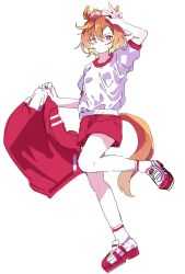  1girl animal_ears blush breasts closed_mouth crown full_body gym_shirt hair_between_eyes highres holding holding_unworn_clothes holding_unworn_jacket horse_ears horse_girl horse_tail jacket looking_at_viewer mini_crown one_eye_closed orange_hair orange_tail pink_crown poposhika red_jacket red_shorts shirt shoes short_hair short_sleeves shorts simple_background smile socks solo t.m._opera_o_(umamusume) tail tracen_training_uniform track_jacket umamusume unworn_jacket violet_eyes w white_background white_shirt white_socks 