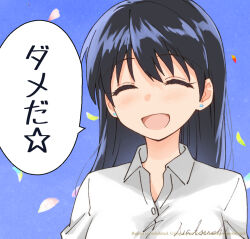  1girl arato_nagi black_hair blue_background cherry_blossoms closed_eyes collared_shirt commentary_request earrings english_text jewelry long_hair natsushi open_mouth ruri_no_houseki shirt simple_background stud_earrings translation_request white_shirt 