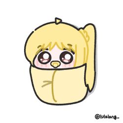  1girl aged_down ahoge baby blonde_hair blush bocchi_the_rock! chibi chibi_only highres ijichi_nijika looking_at_viewer lulalang pacifier red_eyes solo swaddled twitter_username white_background 