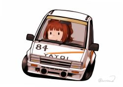  1girl car chibi closed_mouth commentary_request driving idolmaster idolmaster_(classic) kayatsu_urotoma motor_vehicle orange_hair simple_background smile solid_oval_eyes solo takatsuki_yayoi twintails twitter_username vehicle_request white_background white_car 