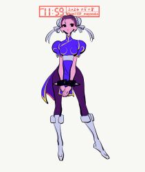  1girl absurdres black_eyes blue_dress boots bracelet breasts brown_hair bun_cover china_dress chinese_clothes chun-li commentary double_bun dress earrings eyeshadow full_body hair_bun highres jewelry knee_boots looking_at_viewer makeup medium_breasts pantyhose pelvic_curtain pm11:19 puffy_short_sleeves puffy_sleeves sash short_hair short_sleeves simple_background solo spiked_bracelet spikes street_fighter twitter_username v_arms white_background 