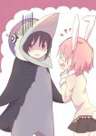  2girls akemi_homura animal_costume animal_ears black_hair bunny_tail cosplay costume_switch gloom_(expression) hands_clasped highres kaname_madoka kemonomimi_mode mahou_shoujo_madoka_magica multiple_girls open_mouth penguin_costume pink_hair rabbit_ears samidare school_uniform skirt smile tail twintails violet_eyes 