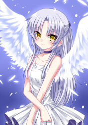  1girl alternate_costume angel angel_beats! angel_wings bare_shoulders blue_background blue_choker blush breasts choker clenched_hand closed_mouth collarbone commentary cowboy_shot dress eyes_visible_through_hair feathered_wings feathers grey_hair half_updo highres kaikai long_hair looking_at_viewer parted_bangs pleated_dress ponytail short_ponytail sidelocks simple_background sleeveless sleeveless_dress small_breasts smile solo straight_hair sundress tachibana_kanade very_long_hair white_dress white_feathers white_wings wings yellow_eyes 