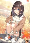  1girl autumn_leaves bangs black_hair blue_eyes brown_coat coat eyebrows_visible_through_hair grey_skirt highres leaf long_sleeves looking_at_viewer maple_leaf medium_hair miko_fly original sitting skirt smile solo sweater white_sweater 