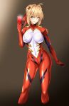  1girl ahoge blonde_hair bodysuit braid braided_bun breasts camera_phone cellphone covered_nipples fate/grand_order fate_(series) green_eyes hair_between_eyes hair_bun hair_ornament highres holding holding_phone large_breasts matrix16 neon_genesis_evangelion nero_claudius_(fate) nero_claudius_(fate)_(all) phone plugsuit red_bodysuit self_shot skin_tight smartphone smile solo 