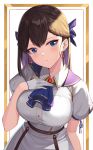  1girl ascot bangs blue_eyes blue_neckwear blue_ribbon braid breasts brown_hair btraphen collared_dress dress eyebrows_visible_through_hair gloves hair_ribbon half_gloves hand_on_own_chest hand_up head_tilt highres long_hair looking_at_viewer medium_breasts mole_on_arm multicolored_hair original parted_lips puffy_short_sleeves puffy_sleeves purple_hair ribbon short_sleeves solo two-tone_hair white_background white_dress white_gloves 
