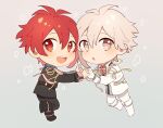  2boys :d :o brown_eyes chibi full_body gloves hair_between_eyes highres idol idolish_7 kujou_tenn looking_at_viewer male_focus multiple_boys nanase_riku open_mouth outline red_eyes redhead short_hair smile unapoppo white_gloves white_hair white_outline 