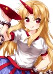  1girl :d bangs blonde_hair blue_skirt breasts closed_mouth cuffs cup eyebrows_visible_through_hair highres holding holding_cup horns hoshiguma_yuugi long_hair looking_at_viewer medium_breasts oni_horns open_mouth red_eyes ruu_(tksymkw) sakazuki shackles shirt short_sleeves simple_background single_horn skirt smile solo standing star_(symbol) tongue tongue_out touhou v-shaped_eyebrows white_background white_shirt 