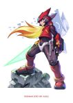  1boy android blonde_hair energy_sword floating_hair from_side gun holding holding_gun holding_sword holding_weapon kadej leg_up long_hair redesign rockman rockman_zero standing sword vest violet_eyes weapon zero_(rockman) 