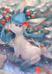  blue_eyes blush commentary_request fang flower full_body gen_4_pokemon glaceon highres kikuyoshi_(tracco) looking_at_viewer looking_back no_humans open_mouth paws pokemon pokemon_(creature) red_flower signature solo 