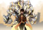  1boy bangs black_gloves black_hair blurry blurry_background brown_hair closed_mouth crack formal genshin_impact gloves glowing gyoukan_(jfxc) hair_between_eyes holding holding_weapon jacket jewelry long_hair long_sleeves looking_at_viewer male_focus monster multicolored_hair petrification polearm ponytail single_earring spear suit weapon yellow_eyes zhongli_(genshin_impact) 