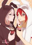  2boys :q animal_hood artist_name brown_eyes bunny_hood cupcake eyebrows_visible_through_hair food food_on_face fruit hair_between_eyes hand_on_another&#039;s_face highres holding holding_food hood hood_up idolish_7 kujou_tenn long_sleeves looking_at_another male_focus multiple_boys nanase_riku one_eye_closed orange_background outline polka_dot polka_dot_background red_eyes redhead short_hair short_sleeves strawberry tongue tongue_out twitter_username unapoppo upper_body white_hair white_outline 