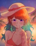  absurdres artist_name bare_shoulders blush breasts feathers hat highres hololive hololive_english light_particles looking_at_viewer md5_mismatch multicolored_hair palm_tree resolution_mismatch shaded_face shironekokfp smile source_smaller sunset swimsuit takanashi_kiara tree 