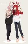  2boys ;) ;d animal_hood arm_around_shoulder arm_around_waist barefoot black_pants brand_name_imitation brown_eyes bunny_hood closed_mouth eyebrows_visible_through_hair full_body hair_between_eyes happy highres holding hood hood_up hoodie idolish_7 kujou_tenn long_sleeves looking_at_viewer male_focus multiple_boys nanase_riku one_eye_closed open_mouth outline pants red_eyes redhead short_hair simple_background smile standing unapoppo white_hair white_outline youtube 