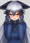  1girl :d absurdres animal_ears bangs black_bow black_gloves black_hair black_neckwear blue_jacket blush bow bowtie deku_suke eyebrows_visible_through_hair fang fox_ears fur-trimmed_sleeves fur_trim gloves grey_background hair_between_eyes hands_on_own_cheeks hands_on_own_face highres jacket kemono_friends long_hair long_sleeves looking_at_viewer multicolored_hair necktie open_mouth orange_eyes silver_fox_(kemono_friends) silver_hair simple_background smile solo upper_body very_long_hair 