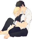  1boy 1girl alpha_signature back bangs barefoot black_eyes black_hair black_pants black_sailor_collar black_skirt blonde_hair blush collar collarbone collared_shirt commentary_request couple eyebrows_visible_through_hair genderswap genderswap_(mtf) hair_between_eyes hetero hug izumi_kouhei kiss looking_at_another pants pepper_fever sailor_collar school_uniform serafuku shirt short_hair short_sleeves signature simple_background sitting skirt tachikawa_kei uniform white_background white_shirt world_trigger 