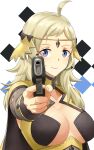  1girl absurdres ahoge aiming_at_viewer blonde_hair blue_eyes breasts closed_mouth fire_emblem fire_emblem_fates gun highres holding holding_weapon igni_tion looking_at_viewer medium_breasts ophelia_(fire_emblem) solo upper_body weapon 
