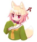  1girl :o animal_ear_fluff animal_ears bangs bell bell_collar blonde_hair blush brown_collar collar cropped_torso eyebrows_visible_through_hair fox_ears fox_girl fox_tail green_shirt hair_between_eyes hair_bun hair_ornament hand_up highres jingle_bell kemomimi-chan_(naga_u) long_sleeves looking_at_viewer naga_u orange_neckwear original parted_lips sailor_collar shirt simple_background sleeves_past_fingers sleeves_past_wrists solo tail upper_body white_background white_sailor_collar 