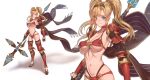  1girl armor bikini blonde_hair blue_eyes breasts choker closed_mouth commentary_request eyebrows_visible_through_hair full_body gauntlets granblue_fantasy highres holding holding_polearm holding_weapon large_breasts long_hair looking_at_viewer navel polearm red_bikini red_choker solo standing swimsuit tekkai_blade twintails weapon zeta_(granblue_fantasy) 