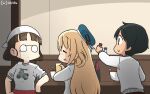  3girls alternate_costume atago_(kantai_collection) bangs beret black_hair blonde_hair blue_headwear blunt_bangs bottle bowl brown_hair closed_eyes commentary_request counter dated glass glasses ground_vehicle hamu_koutarou hat headdress highres kantai_collection long_hair mogami_(kantai_collection) moped motor_vehicle multiple_girls pince-nez roma_(kantai_collection) short_hair sitting sleeves_rolled_up sweater wavy_hair white_sweater 