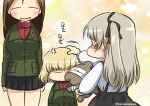  bangs black_hair black_ribbon blonde_hair boko_(girls_und_panzer) girls_und_panzer hair_ribbon katyusha_(girls_und_panzer) light_brown_hair long_hair long_sleeves multiple_girls nakasawa_kei nonna_(girls_und_panzer) open_mouth petting pravda_school_uniform ribbon school_uniform shimada_arisu short_hair smile stuffed_animal stuffed_toy teddy_bear 