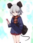  1girl alternate_costume animal_ears bag bespectacled black_legwear blue_background blue_jacket cellphone commentary_request contemporary feet_out_of_frame glasses green_eyes grey_hair hand_in_pocket holding holding_phone jacket kneehighs long_sleeves mouse_ears mouse_tail nazrin otoufu_(wddkq314band) phone plaid plaid_scarf plaid_skirt red_eyes red_scarf red_skirt scarf short_hair shoulder_bag skirt smartphone solo tail touhou translation_request 