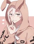  1boy \n/ animal_hood brown_eyes brown_hoodie bunny_hood hair_between_eyes heart highres hood hood_up hoodie idolish_7 kujou_tenn long_sleeves looking_at_viewer male_focus short_hair smile solo unapoppo upper_body white_hair 