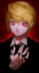  1boy absurdres angry aura black_neckwear chain dress_shirt expressionless eyebrows eyebrows_visible_through_hair formal glowing glowing_eyes hair_between_eyes hand_up highres hunter_x_hunter ibuo_(ibukht1015) jewelry kurapika looking_at_viewer necktie open_hand red_background red_eyes ring shirt short_hair signature stern upper_body white_shirt 