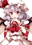  1girl alternate_hair_color ascot bangs bat_wings belt blood_on_fingers eyebrows_visible_through_hair grey_hair hair_ribbon hat highres jewelry looking_at_viewer medium_hair mob_cap open_mouth red_belt red_eyes red_neckwear red_ribbon remilia_scarlet ribbon ruu_(tksymkw) shirt short_sleeves simple_background skirt skirt_set smile solo standing touhou v-shaped_eyebrows vampire white_background white_headwear white_shirt white_skirt wings wrist_cuffs 