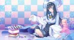 1girl absurdres ace_of_diamonds bangs bishop_(chess) black_hair blue_coat blue_eyes blue_legwear book breasts brooch card checkered checkered_wall chess_piece chessboard coat commentary_request constellation_print four_of_hearts full_body hair_ornament hairband highres holding holding_card hololive hololive_china jewelry large_breasts monocle neyubi pawn playing_card queen_(chess) queen_of_clubs rook_(chess) rosalyn_(hololive) seven_of_spades sitting solo ten_of_diamonds thigh-highs three_of_clubs virtual_youtuber yokozuwari 