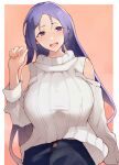  1girl bangs black_skirt blush border breasts clothing_cutout fate/grand_order fate_(series) highres large_breasts long_hair long_sleeves looking_at_viewer minamoto_no_raikou_(fate/grand_order) open_mouth orange_background parted_bangs purple_hair ribbed_sweater seino_(sasakike1305) shoulder_cutout skirt smile sweater very_long_hair violet_eyes white_border white_sweater 