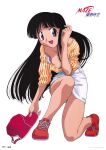  1990s_(style) 1girl absurdres bangs black_eyes black_hair full_body highres ikaruga_mei long_hair maze_bakunetsu_jikuu official_art scan simple_background solo suganuma_eiji white_background 