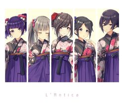  5girls bangs black_hair blue_eyes bow brown_eyes brown_hair closed_eyes collage commentary_request diagonal_bangs earrings floral_print flower grey_hair hair_between_eyes hair_bow hair_bun hair_flower hair_ornament hair_ribbon hakama highres idolmaster idolmaster_shiny_colors japanese_clothes jewelry kimono l&#039;antica lace-trimmed_kimono lace_trim long_hair looking_at_viewer mitsumine_yuika multiple_girls nail_polish no_eyewear print_kimono purple_hair purple_hakama ribbon rose_print shirase_sakuya short_hair short_twintails suke_(momijigari) swept_bangs tanaka_mamimi tied_hair tsukioka_kogane twintails violet_eyes yellow_background yellow_eyes yuukoku_kiriko 