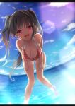 1girl :d ahoge bangs bare_arms bare_legs bare_shoulders barefoot blue_sky blush breasts clouds cloudy_sky collarbone commentary_request day eyebrows_visible_through_hair grey_hair horizon horizontal_stripes inuno_pesu large_breasts leaning_forward long_hair looking_at_viewer ocean open_mouth original pink_eyes sky smile solo standing striped swimsuit two_side_up 