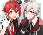  2boys :d ahoge black_gloves black_ribbon blue_background border eyebrows_visible_through_hair finger_to_mouth gloves hair_between_eyes hat highres idol idolish_7 index_finger_raised kujou_tenn looking_at_viewer male_focus mini_hat multiple_boys nanase_riku neck_ribbon necktie open_mouth outline outside_border polka_dot_neckwear red_eyes red_neckwear redhead ribbon short_hair shushing smile unapoppo upper_body waving white_border white_gloves white_hair white_outline 