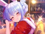  1girl alcohol animal_ears blue_hair blurry blurry_background blush bokeh bottle bow braid bunny-shaped_pupils closed_mouth commentary_request counter cup depth_of_field double_bun drink highres holding holding_cup hololive japanese_clothes kimono lens_flare looking_at_viewer magowasabi multicolored_hair orange_eyes rabbit_ears red_kimono short_hair sidelocks signature sitting smile solo sparkle thick_eyebrows two-tone_hair upper_body usada_pekora virtual_youtuber yellow_bow 