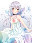  1girl bangs bare_arms bare_shoulders bestrix black_choker choker commentary dress eyebrows_visible_through_hair hair_ornament highres long_hair looking_at_viewer qualia_qu re:act silver_hair solo virtual_youtuber water_drop white_dress yellow_eyes 