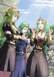  1boy 2girls cowboy_shot fire_emblem fire_emblem:_mystery_of_the_emblem fire_emblem:_shadow_dragon_and_the_blade_of_light fire_emblem:_three_houses fire_emblem_awakening garreg_mach_monastery_uniform green_eyes green_hair highres long_sleeves multiple_girls older rhea_(fire_emblem) seteth_(fire_emblem) sukkirito_(rangusan) tiara tiki_(fire_emblem) trait_connection 